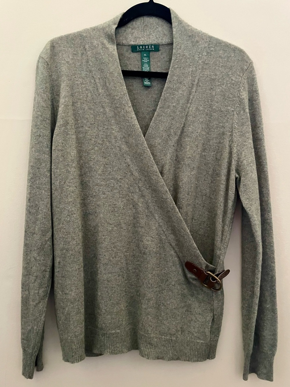 Lauren Ralph Lauren Gray Cashmere Lambswool Blend Buckle Faux Wrap Sweater XL